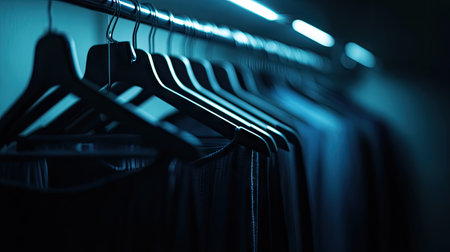 A high-contrast shot of shadowed hangers in an open wardrobe with dramatic lighting.の素材
