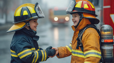 A child thanking a firefighter by shaking hands, with the firefighter dressed in full protective gear and helmetの素材