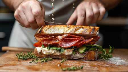 A chef preparing a sandwich, adding bacon, salami, prosciutto, and fresh vegetables on a toasted baguette in a modern kitchen.の素材