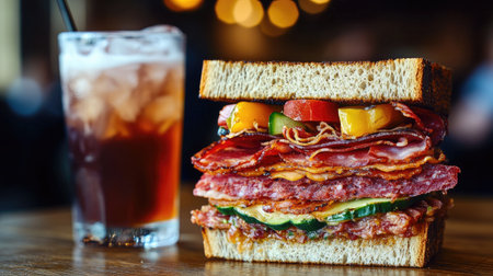 A close-up of a sandwich with layers of bacon, salami, prosciutto, and fresh vegetables, with a glass of iced tea in the background.の素材