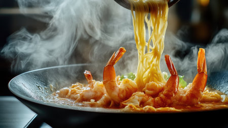 A chef pouring hot tom yum broth over noodles and shrimp in a bowl, with steam rising dramatically.の素材