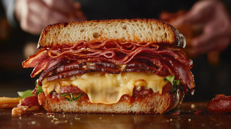 A close-up of a sandwich being sliced in half, revealing layers of bacon, salami, prosciutto, fresh vegetables, and melted cheese.の素材