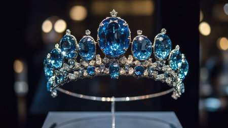 A glittering crown with sky-blue gemstones, displayed under a spotlight, highlighting its sparkling facets.の素材