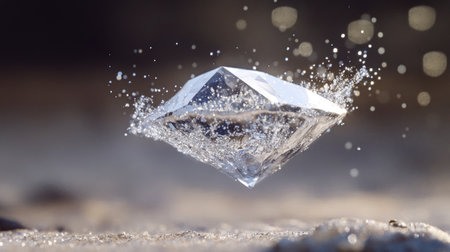 A close-up of a crystal-clear diamond hovering in mid-air, with delicate silver dust sparkling in the background.の素材
