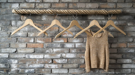 A DIY-style wardrobe with empty hangers hanging from a rope rail against a rustic brick wall.の素材