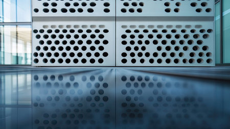 A close-up of air vents from a built-in air conditioner in a commercial office setting.の素材