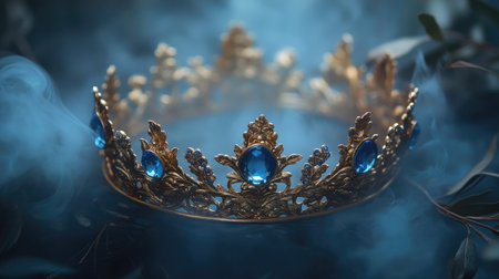A golden crown with dazzling blue stones, framed by delicate floral engravings and surrounded by a misty aura.の素材