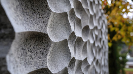 A close-up of a prefab concrete panel with detailed stone-like texture, forming part of a boundary fence.の素材
