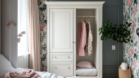 A cozy bedroom wardrobe with padded hangers hanging delicately on a white-painted rail.の素材