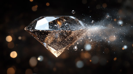 A levitating diamond emits a soft glow, while silver diamond dust appears to orbit it like tiny satellites.の素材