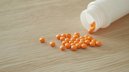 A close-up of a prescription bottle with orange tablets scattered on a light wooden surface.の素材