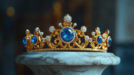 A golden crown with large blue jewels surrounded by smaller white diamonds, resting on a marble pedestal.の素材