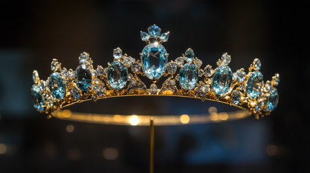 A glittering crown with sky-blue gemstones, displayed under a spotlight, highlighting its sparkling facets.の素材