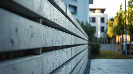A close-up of a prefab concrete wall fence with textured panels and precise alignment, dividing a residential area.の素材