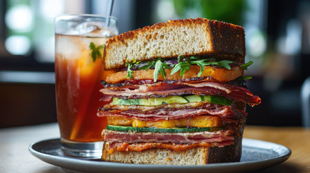A close-up of a sandwich with layers of bacon, salami, prosciutto, and fresh vegetables, with a glass of iced tea in the background.の素材