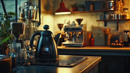A kettle with a digital temperature gauge on an electric cooktop, with a barista's coffee station in the background.の素材
