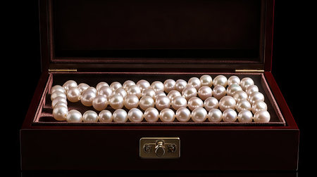 A jewelry box filled with a string of round freshwater pearls, exuding timeless elegance and charm.の素材