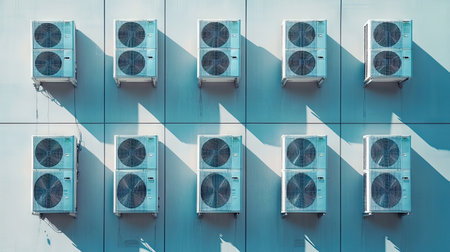 A large building with uniform air conditioning units mounted on the facade, creating a symmetrical pattern.の素材