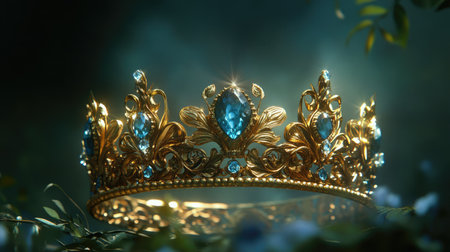 A golden crown with dazzling blue stones, framed by delicate floral engravings and surrounded by a misty aura.の素材