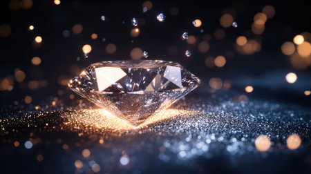 A levitating diamond emits a soft glow, while silver diamond dust appears to orbit it like tiny satellites.の素材