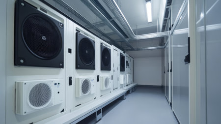 A high-tech server room equipped with built-in air conditioners for temperature regulation.の素材