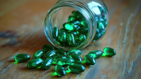 A glass jar of herbal supplements tipped over, with green capsules scattered on a natural wood surface.の素材