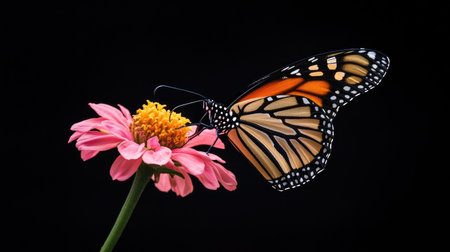A stunning macro photograph showcasing a colorful Monarch butterfly perched on a vibrant pink flower against a dark background, highlighting nature's elegance and beauty.の素材