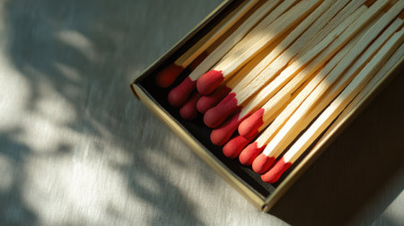 A detailed close-up of matches with red tips housed in a box, showcasing the interplay of natural light and shadows on a textured surface, ideal for various creative projects.の素材