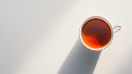 A top-view image of a white coffee cup filled with tea, sitting on a bright surface, casting a gentle shadow, perfect for a minimalist or serene aesthetic theme.の素材
