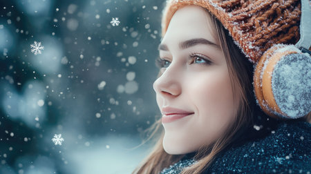 A close-up portrait of a young woman wearing a cozy hat and headphones, smiling joyfully amidst falling snowflakes in a serene winter landscape.の素材