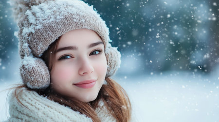 A joyful young girl enjoys the winter season, dressed warmly in a knitted hat and scarf, surrounded by a magical snow-covered landscape with falling snowflakes.の素材