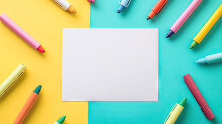 This image showcases a blank sheet of paper surrounded by an array of colorful markers on a vibrant dual-colored background, ideal for showcasing creativity and artistic potential.の素材