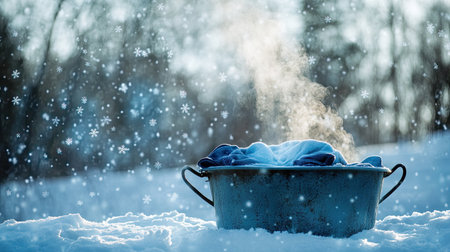 A serene winter scene featuring a metal basin filled with warm clothing. Steam rises gently into the crisp air, surrounded by falling snowflakes and tranquil beauty.の素材