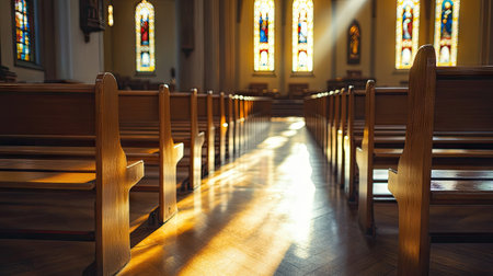 A serene view of an empty church interior bathed in warm sunlight, highlighting beautiful stained glass windows and intricate wooden benches, inviting reflection.の素材