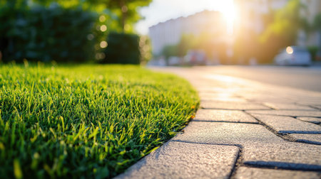 A serene view of a lush green grass border next to a cobblestone path in an urban area, illuminated by warm sunlight creating a peaceful atmosphere.の素材