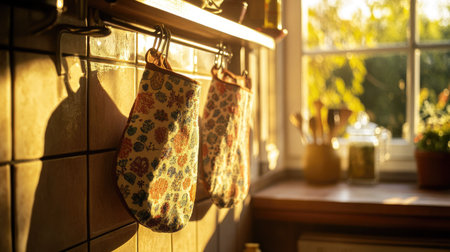 Bright and inviting kitchen scene featuring floral oven mitts, basking in warm sunlight. This image inspires cozy cooking moments and delightful baking experiences at home.の素材