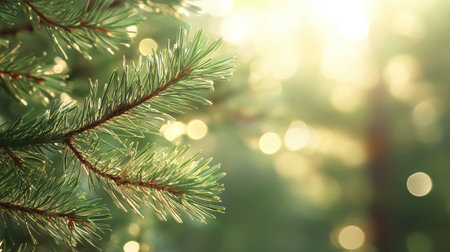Captivating close-up of pine tree needles glistening with sunlight, set against a blurred forest backdrop. Experience the serene beauty of nature in vibrant greens.の素材