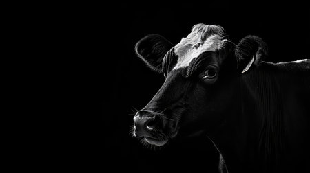 This striking black and white portrait features a cow with deep, reflective eyes set against a dark background, capturing the essence of farm life and rural beauty.の素材