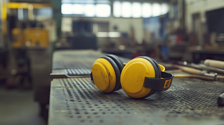 A pair of yellow ear protection headphones is prominently displayed on a rustic workshop table, surrounded by faint outlines of tools and machinery in a blurred industrial backdrop.の素材