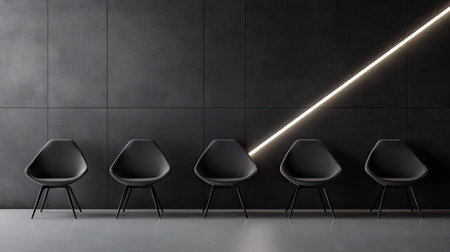 A sleek arrangement of modern black chairs set against a dark wall, illuminated by a linear light. Ideal for contemporary interior design projects.の素材