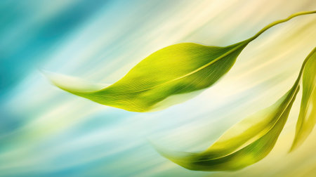 This image captures soft green leaves gracefully swaying, creating a sense of motion against a gently blurred background, ideal for nature and tranquility themes.の素材