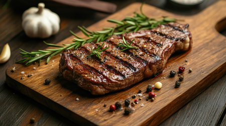 This beautiful image features a grilled steak garnished with rosemary and spices on a wooden cutting board, complemented by garlic and peppercorns, ideal for culinary inspiration.の素材
