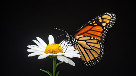 A stunning composition featuring a vibrant butterfly resting on a white daisy against a dark background, illuminating the intricate details of nature's beauty and elegance.の素材