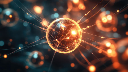 This striking image features a glowing sphere interconnected by vibrant lines and lights, symbolizing energy and advanced technology against a dark backdrop.の素材