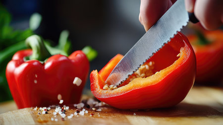 A detailed close-up of a hand expertly slicing red bell pepper with a sharp knife on a wooden cutting board. The setting exudes freshness and culinary creativity.の素材