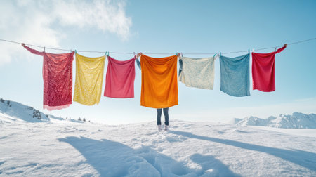 A colorful array of fabrics hangs on a clothesline against a stunning snowy mountain backdrop under a bright blue sky, creating a cheerful and serene winter scene.の素材