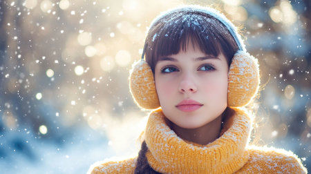 A young woman enjoys a serene winter moment, wearing cozy earmuffs and a vibrant sweater, surrounded by gentle snowfall and soft sunlight, conveying tranquility.の素材