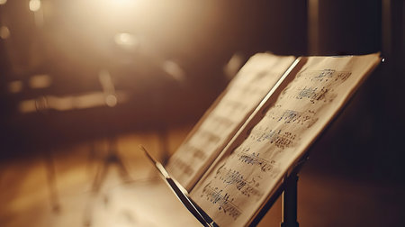 A close-up of softly lit sheet music displaying intricate notes, set against a blurred background of musical instruments, perfect for showcasing musical artistry and creativity.の素材