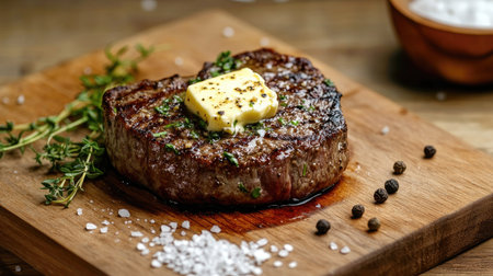 Discover the mouthwatering appeal of a juicy grilled steak adorned with melting butter and fresh herbs on a rustic wooden cutting board, showcasing culinary excellence.の素材