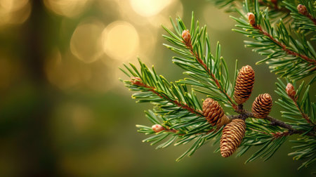 A stunning close-up of an evergreen pine branch adorned with pine cones, captured against a softly blurred background that highlights the natural beauty of the outdoors.の素材